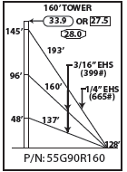 ROHN 55G Complete 160 Foot 90 MPH Guyed Tower R-55G90R160