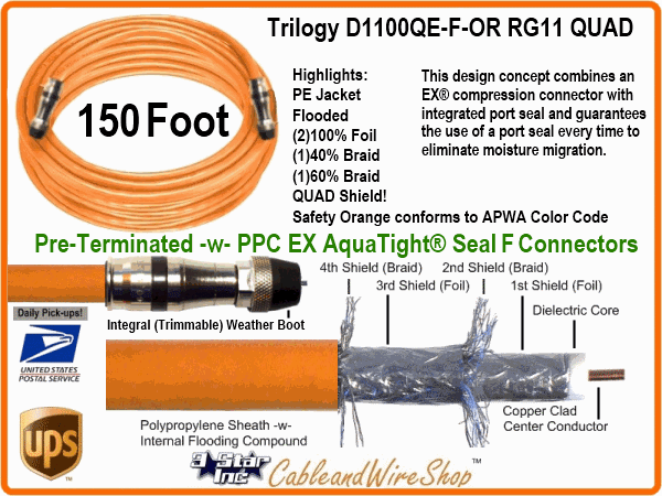 RG11 Satellite Coax Coaxial Cable TV 150 ft Feet Foot UG Burial 