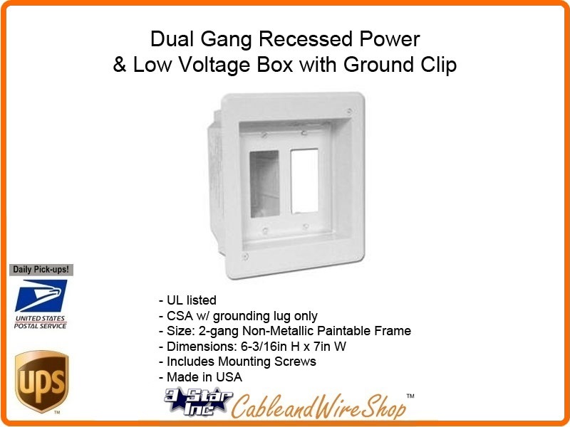 Dual Gang Recessed Power & Low Voltage Box with Grounding.
