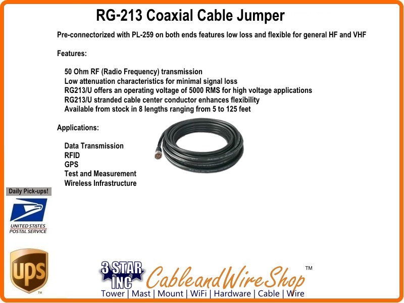 RG213 Coaxial Cable per Foot Optional PL-25 9UHF Connectors
